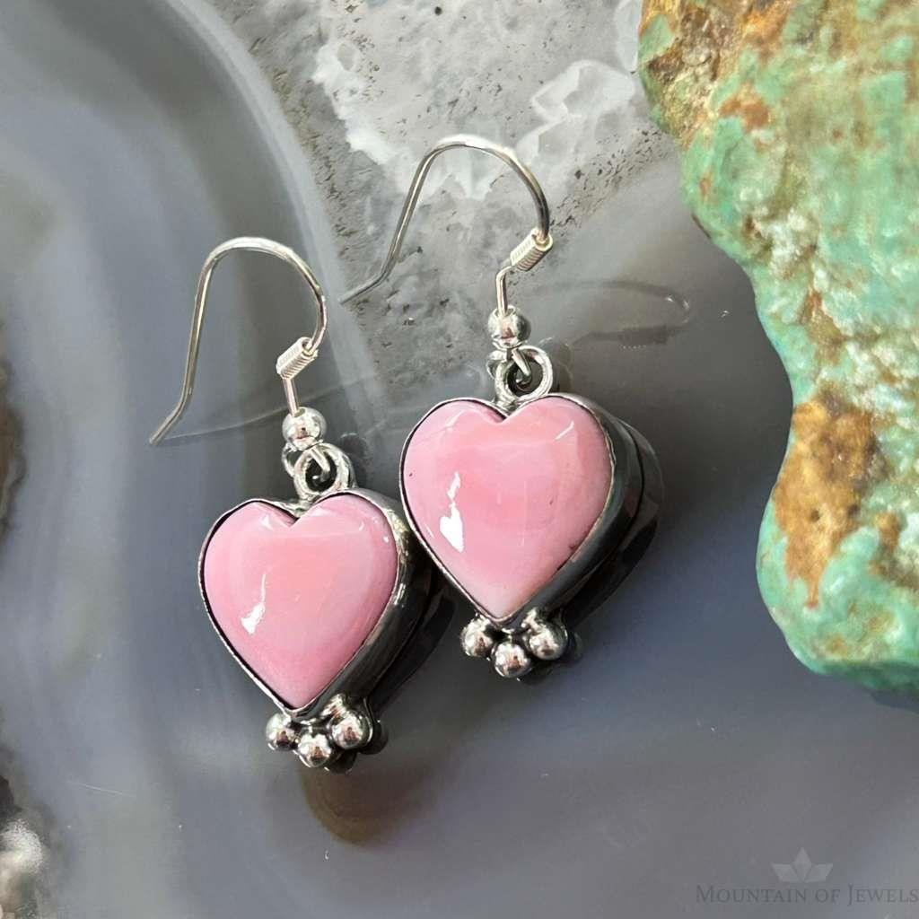 Native American Sterling Silver Pink Conch Decorated Heart Dangle Earrings For Women