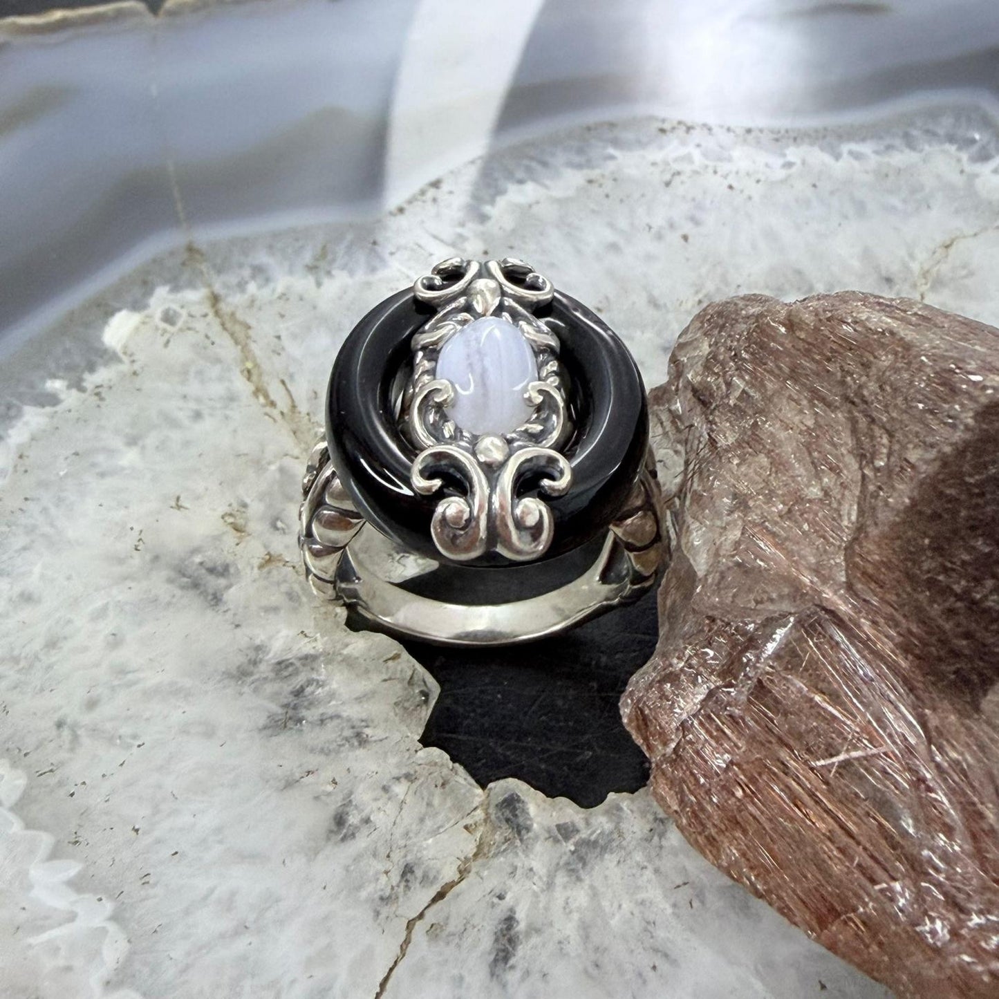 Carolyn Pollack Sterling Silver Black Agate & Blue Lace Agate Ring Size 8.25 For Women