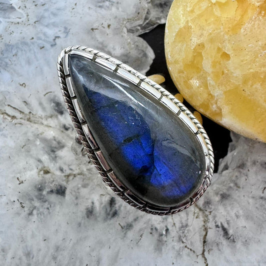 Sterling Silver Southwestern Style Teardrop Labradorite Ring Size 7 For Women