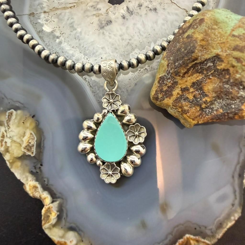 Sterling Silver Southwestern Style Teardrop Turquoise Decorated Pendant For Women