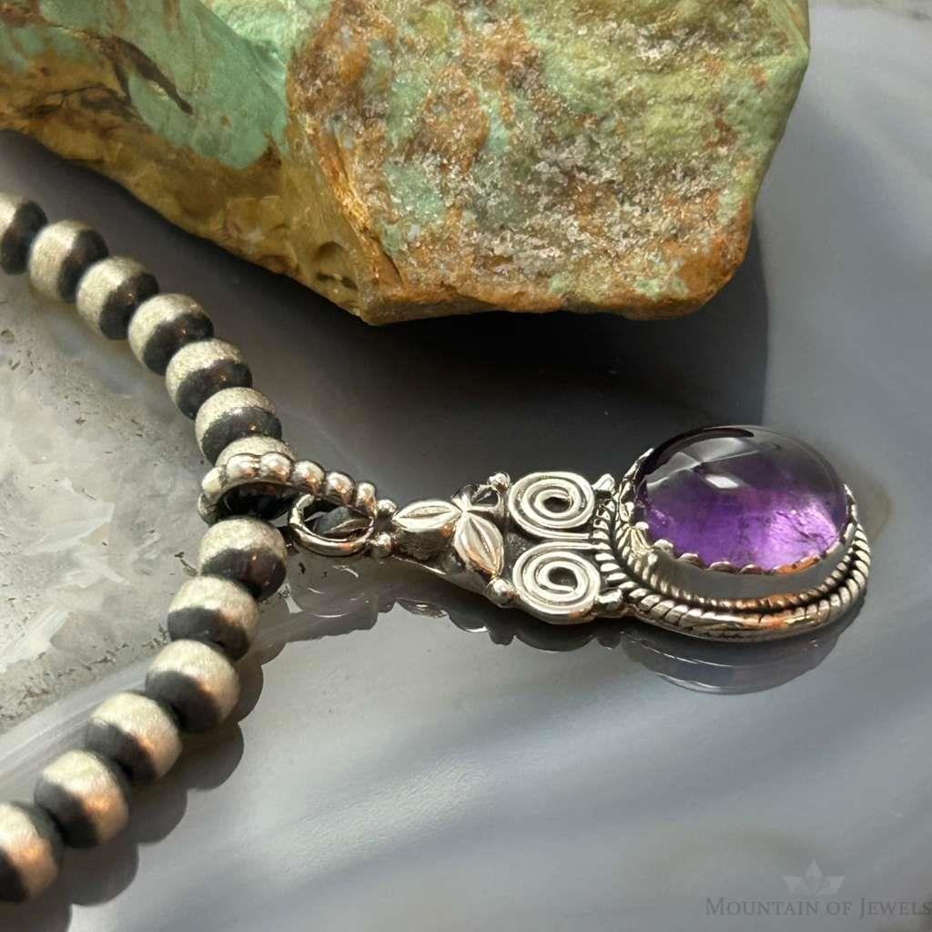 Sterling Silver Southwestern Style Oval Amethyst Decorated Charm/Pendant For Women