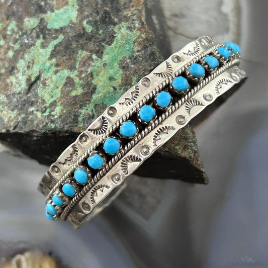 Jason & Pearl Ukestine Native American Sterling Silver Turquoise Single Row Bracelet For Women