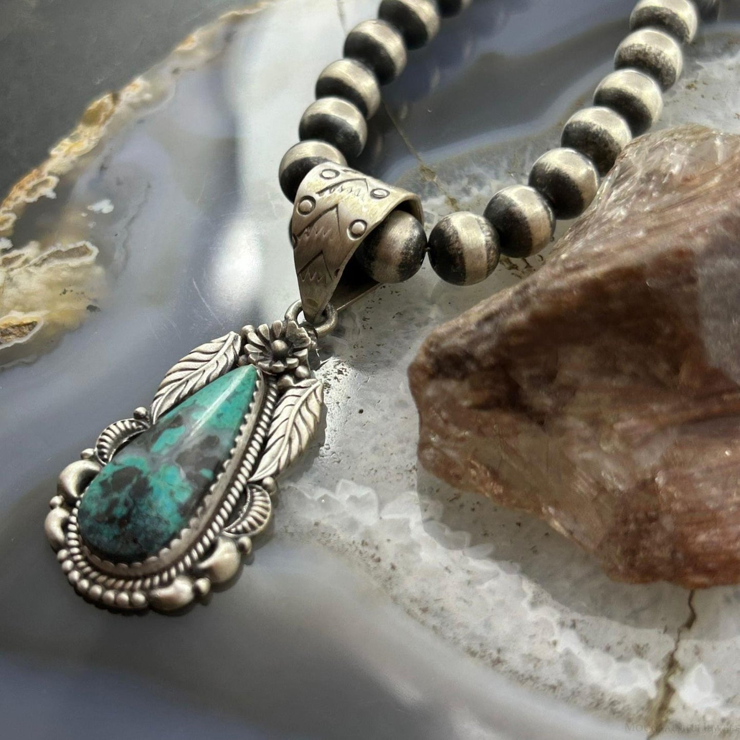 Sterling Silver Southwestern Style Teardrop Matrix Turquoise Decorated Pendant For Women