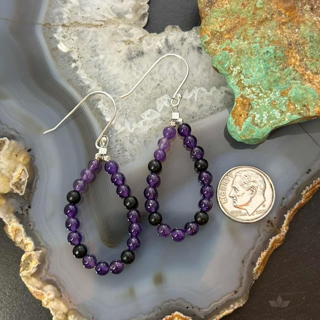 Sterling Silver Amethyst Beads Hoop Dangle Earrings For Women