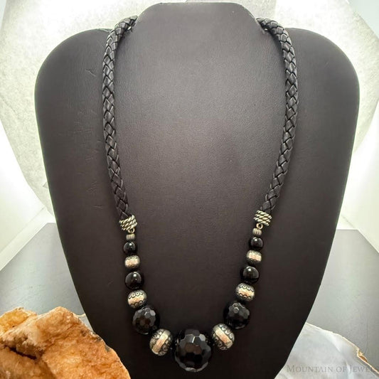 Carolyn Pollack Sterling Rounded & Faceted Onyx Beads Braided Leather Necklace For Women
