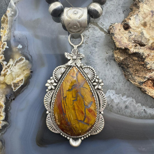 Sterling Silver Southwestern Style Teardrop Moss Agate Decorated Pendant For Women