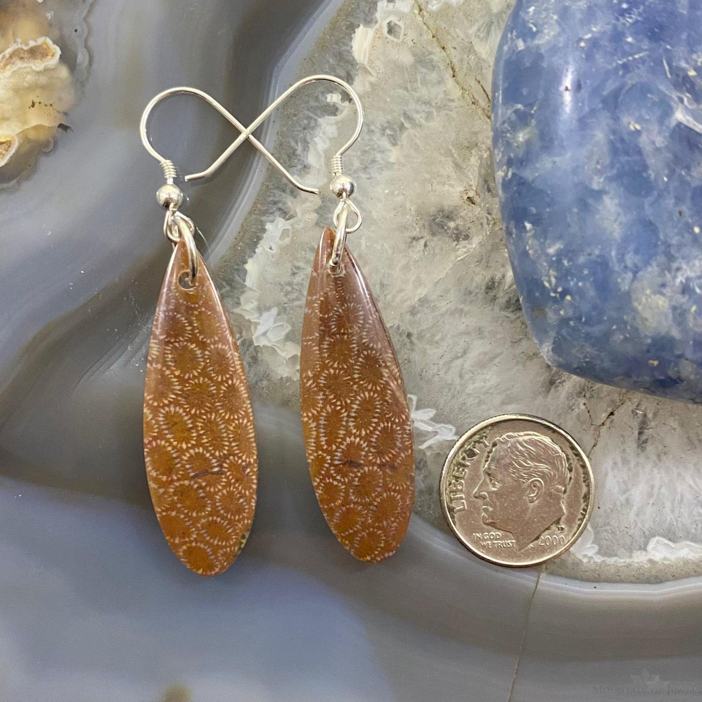 Sterling Silver Teardrop Fossilized Coral Slab Dangle Earrings For Women #052