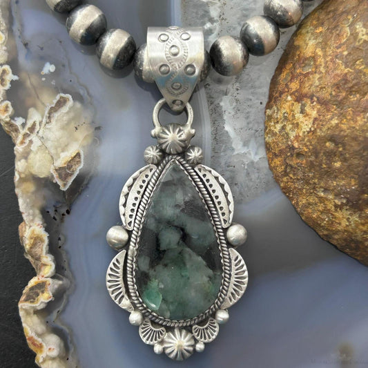 Sterling Silver Southwestern Style Teardrop Emerald Decorated Pendant For Women