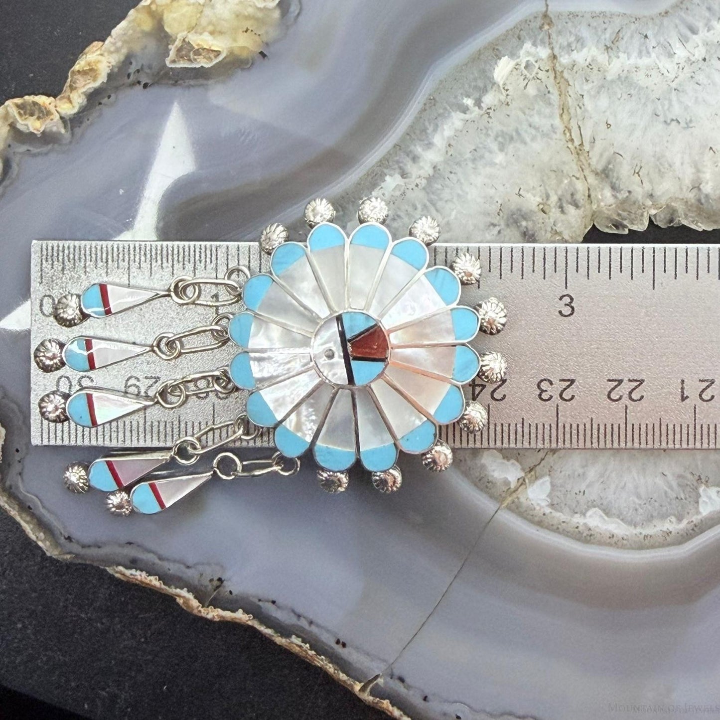 Abel Soseeah Zuni Native American Sterling Silver Inlay Sunface Pendant/Brooch For Women