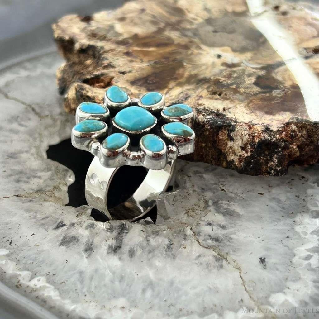 Sterling Southwestern Style Mohave Turquoise Cluster Ring Size 7.5 For Women