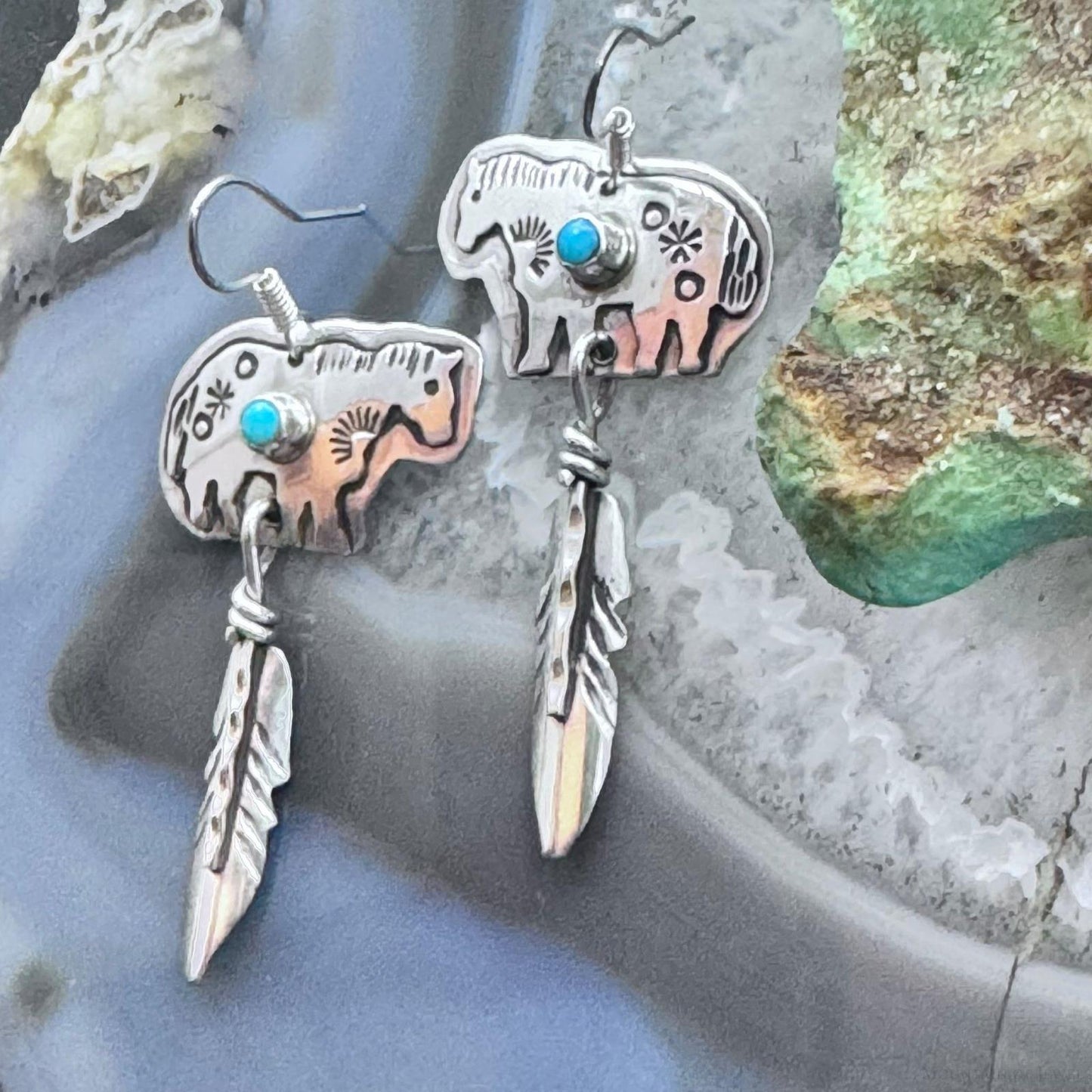 Native American Sterling Silver Horse w/Turquoise & Feather Dangle Earrings For Women