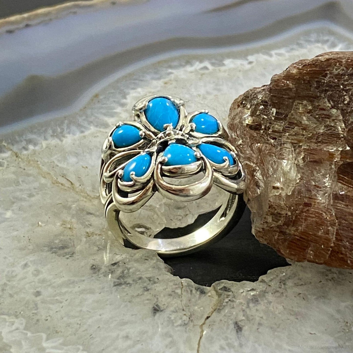Carolyn Pollack Southwestern Style Sterling Silver Sleeping Beauty Turquoise Cluster Flower Ring For Women