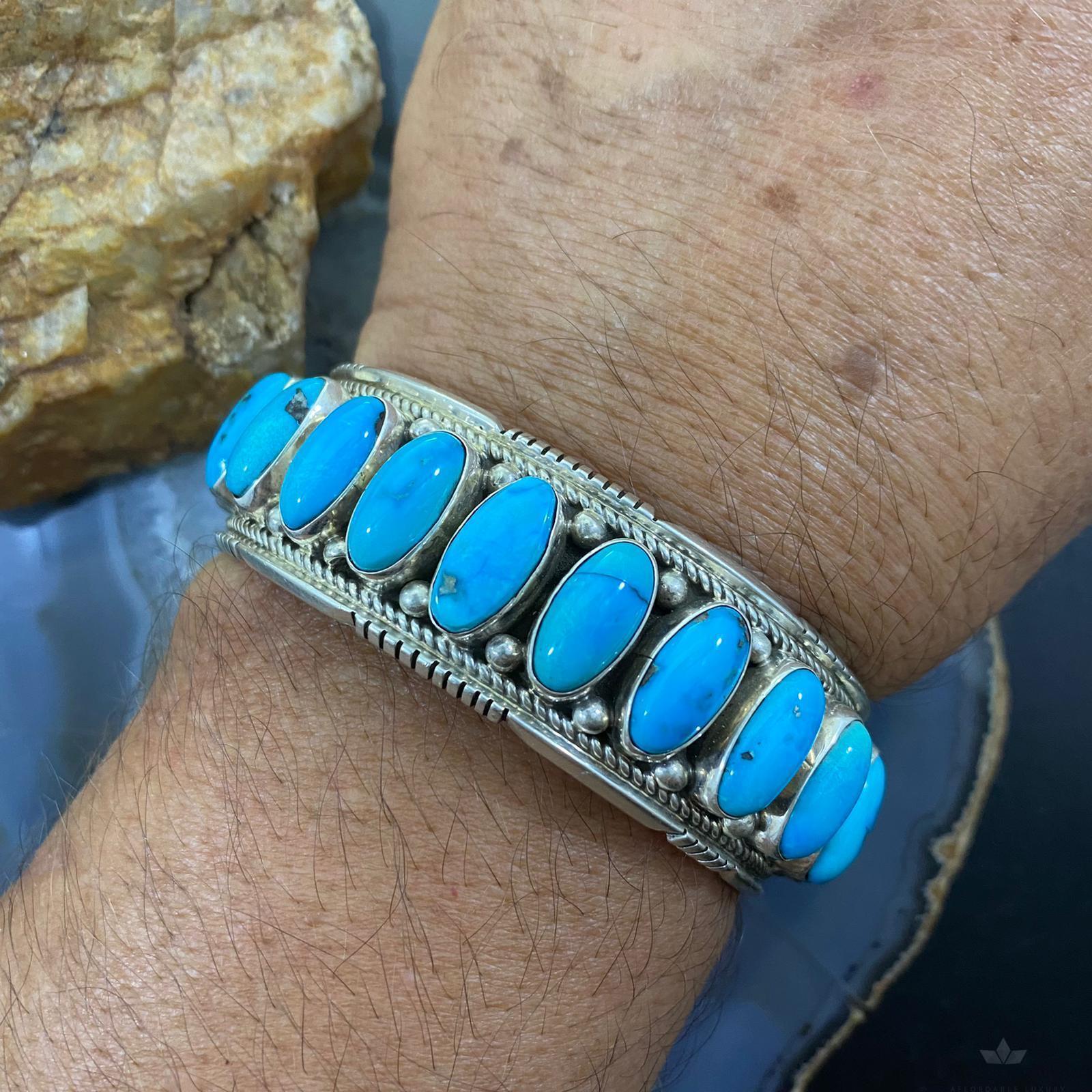 Lot  Albert Cleveland Navajo Indian signed GIANT vintage Native American  sterling silver and turquoise Masterpiece cuff bracelet with stamped eagle  Thunderbird design and applied detailing 2 34W x 2 34Inner diam