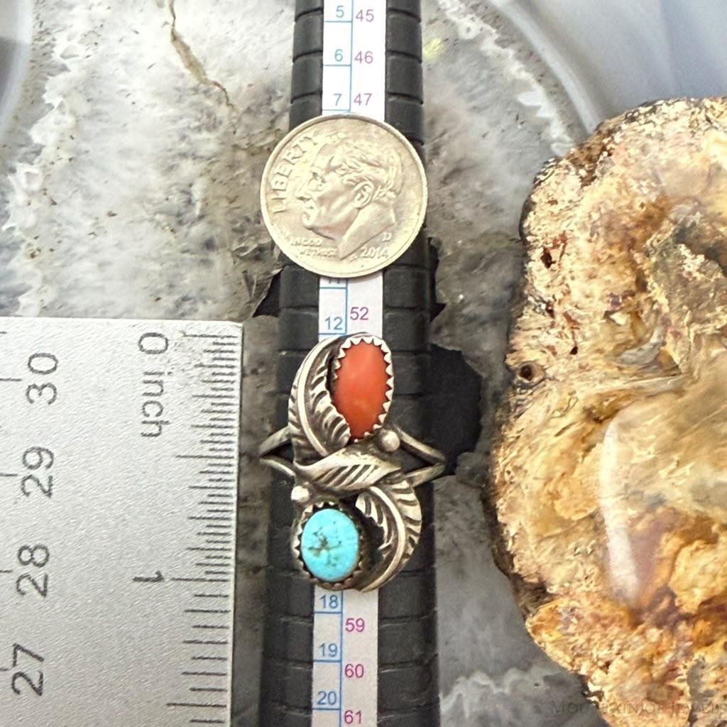 Vinatge Native American Silver Coral & Turquoise Leaf Ring Size 7.5 For Women