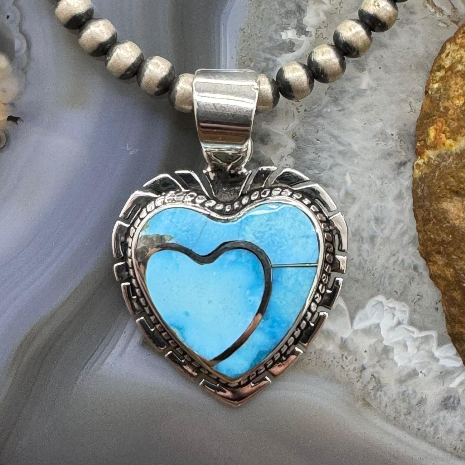 Native American Sterling Silver Blue Ridge Turquoise Heart Pendant For outlet Women #1