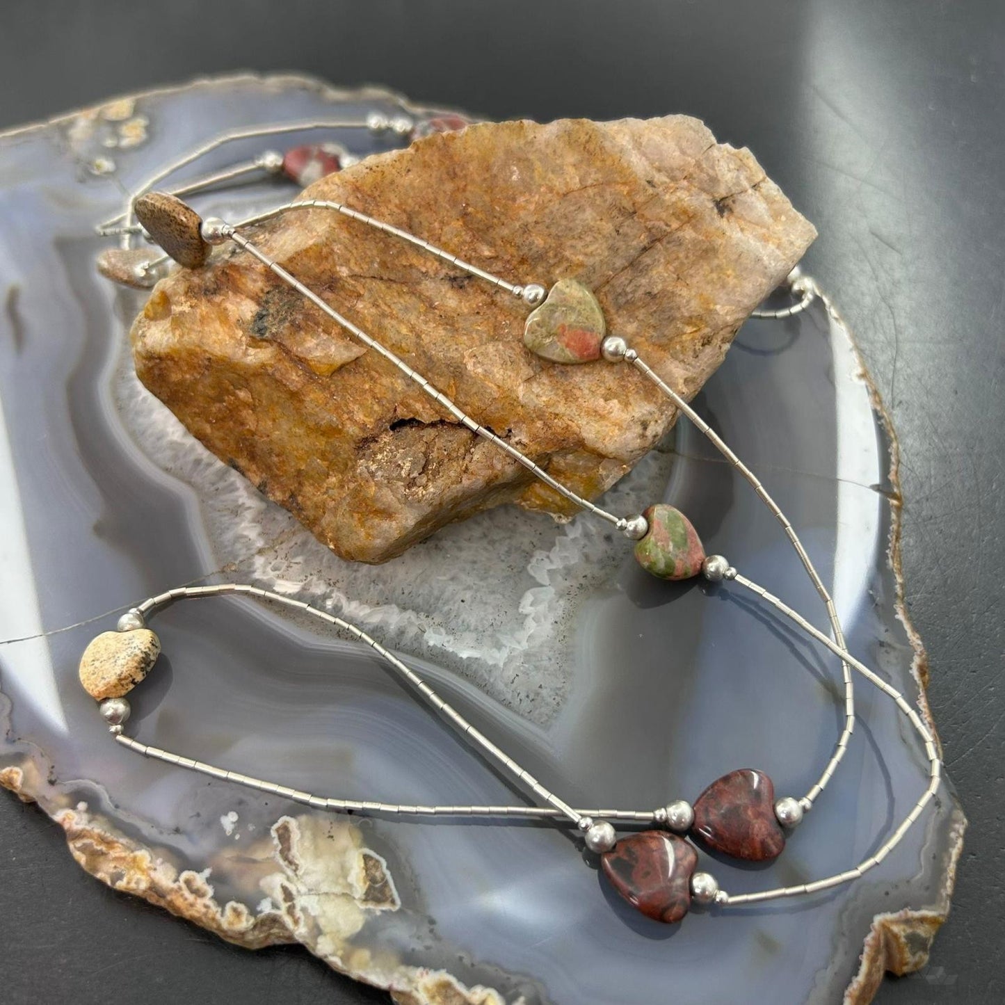 Carolyn Pollack Vintage Sterling Silver Tube Beads & 9 Jasper Hearts Necklace For Women
