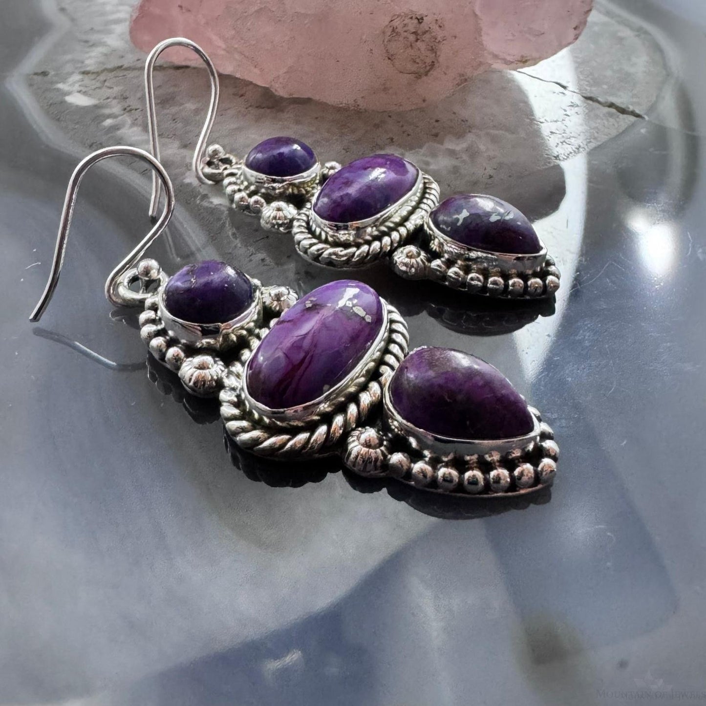 Sterling Silver Southwestern Style 3 Purple Dahlia Decorated Dangle Earrings For Women