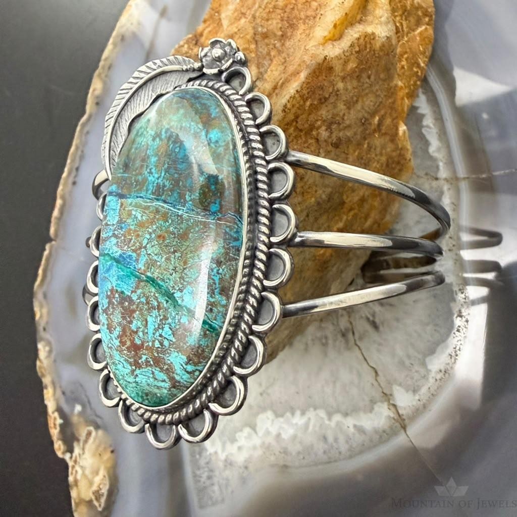 Sterling Silver Southwestern Style Oval Chrysocolla Decorated Bracelet For Women