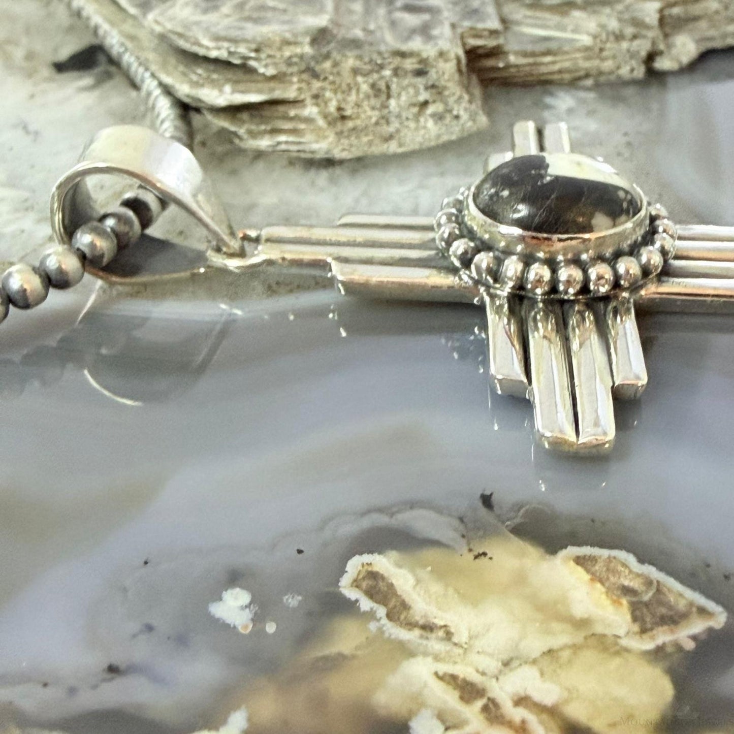 Sterling Silver Southwestern Style Oval White Buffalo Unisex Zia Pendant