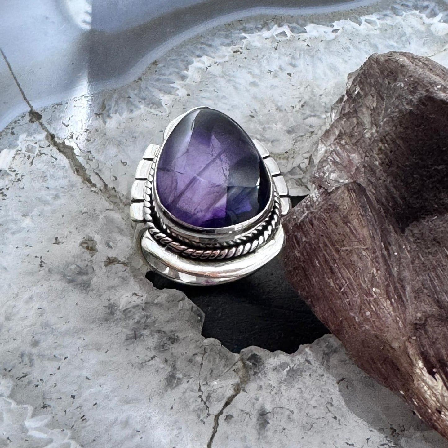 Sterling Southwestern Style Star Amethyst Decorated Ring Size 6.25 For Women