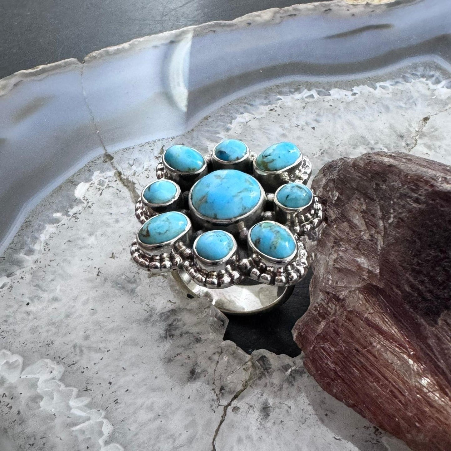 Sterling Silver Southwestern Style Composite Turquoise Cluster Adjustable Ring For Women