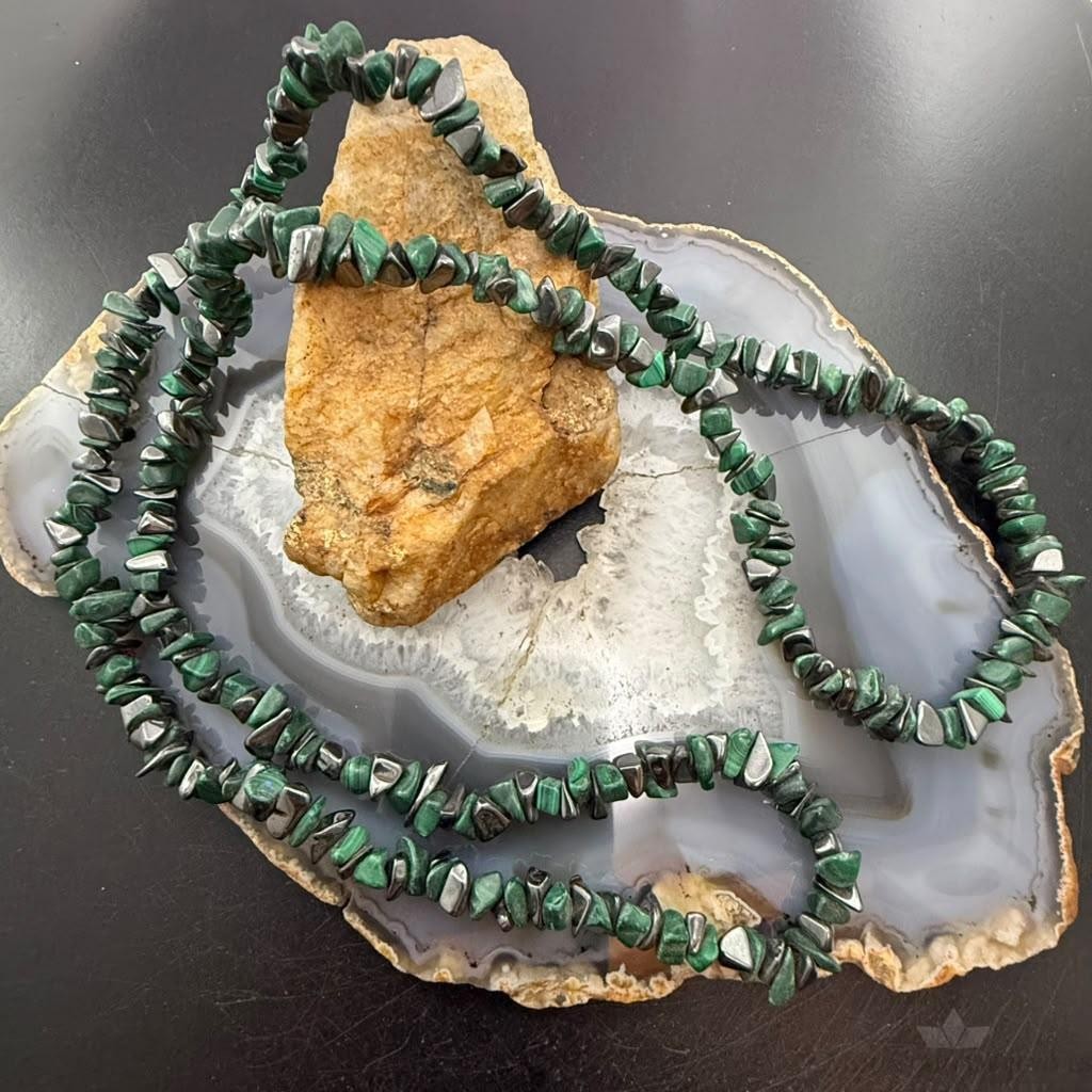 Vintage Natural Malachite & Hematite 34" Necklace For Women