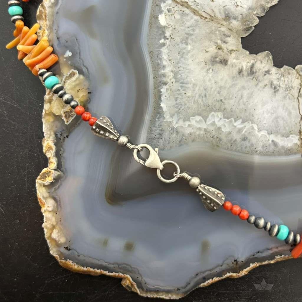 Native American Natural Coral, Turquoise Beads 24" Necklace For Women