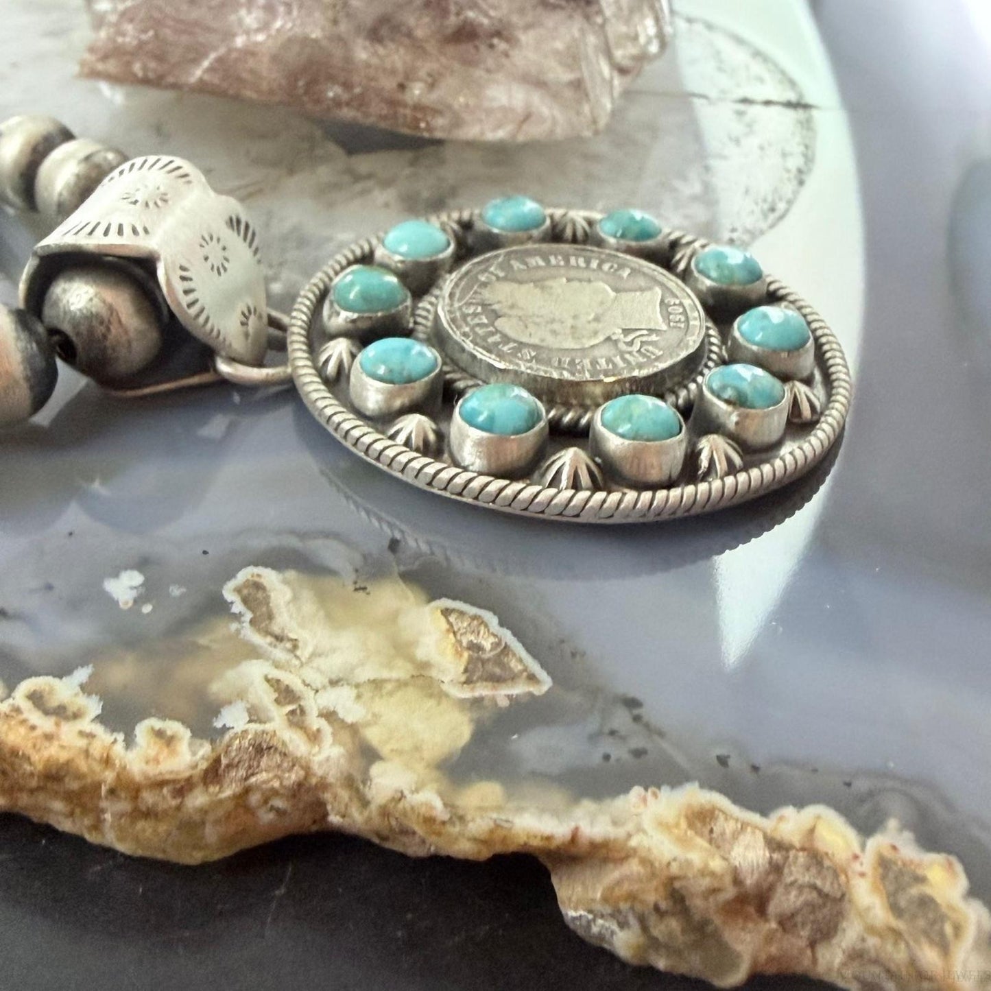 Genuine 1909 90% Silver Barber Head Dime Coin w/Mohave Turquoise Unisex Pendant