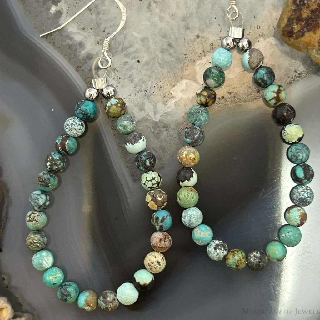 Sterling Silver Rounded Various Turquoise Beads Hoop Dangle Earrings For Women