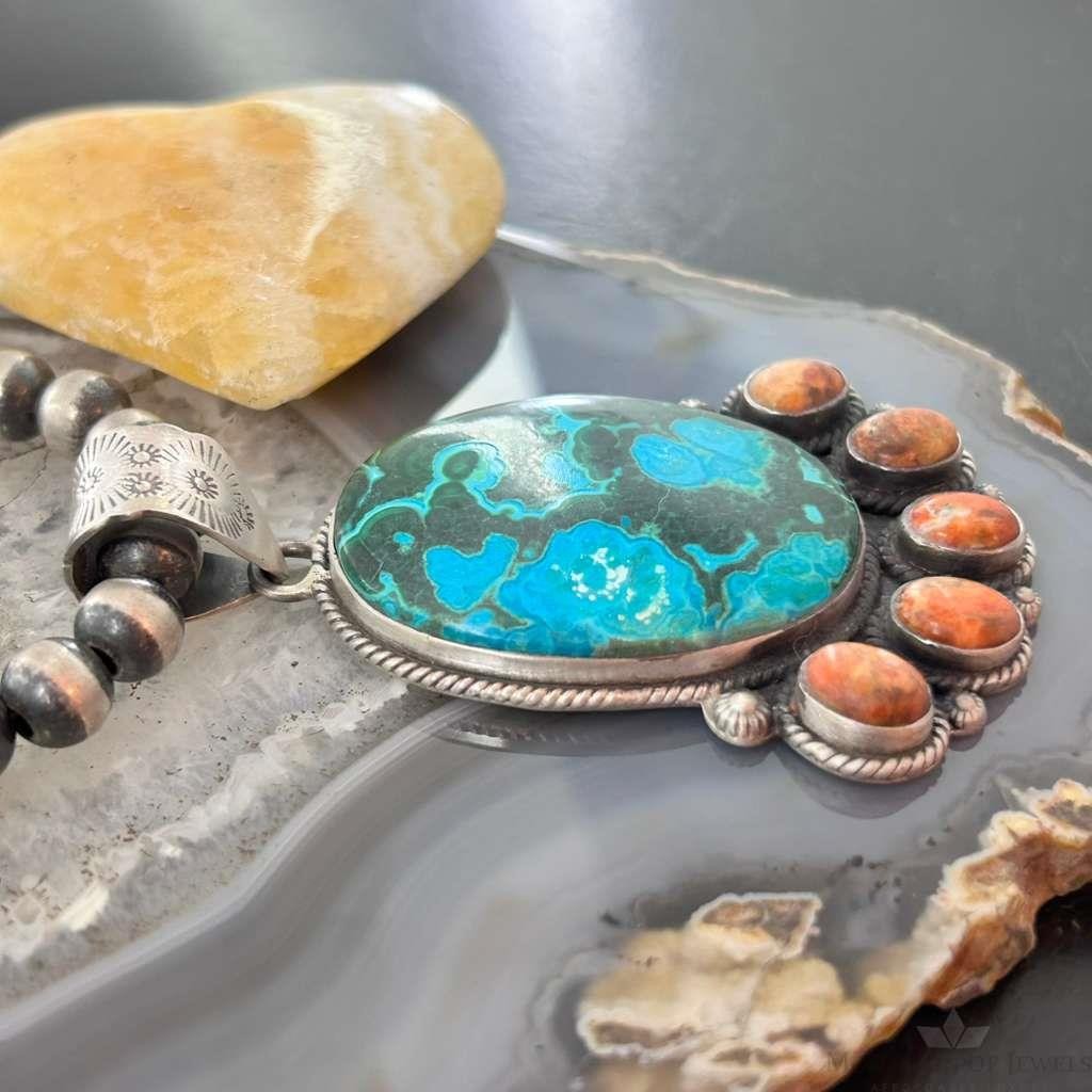 Sterling Silver Southwestern Style Malachite-Azurite & Spiny Pendant For Women