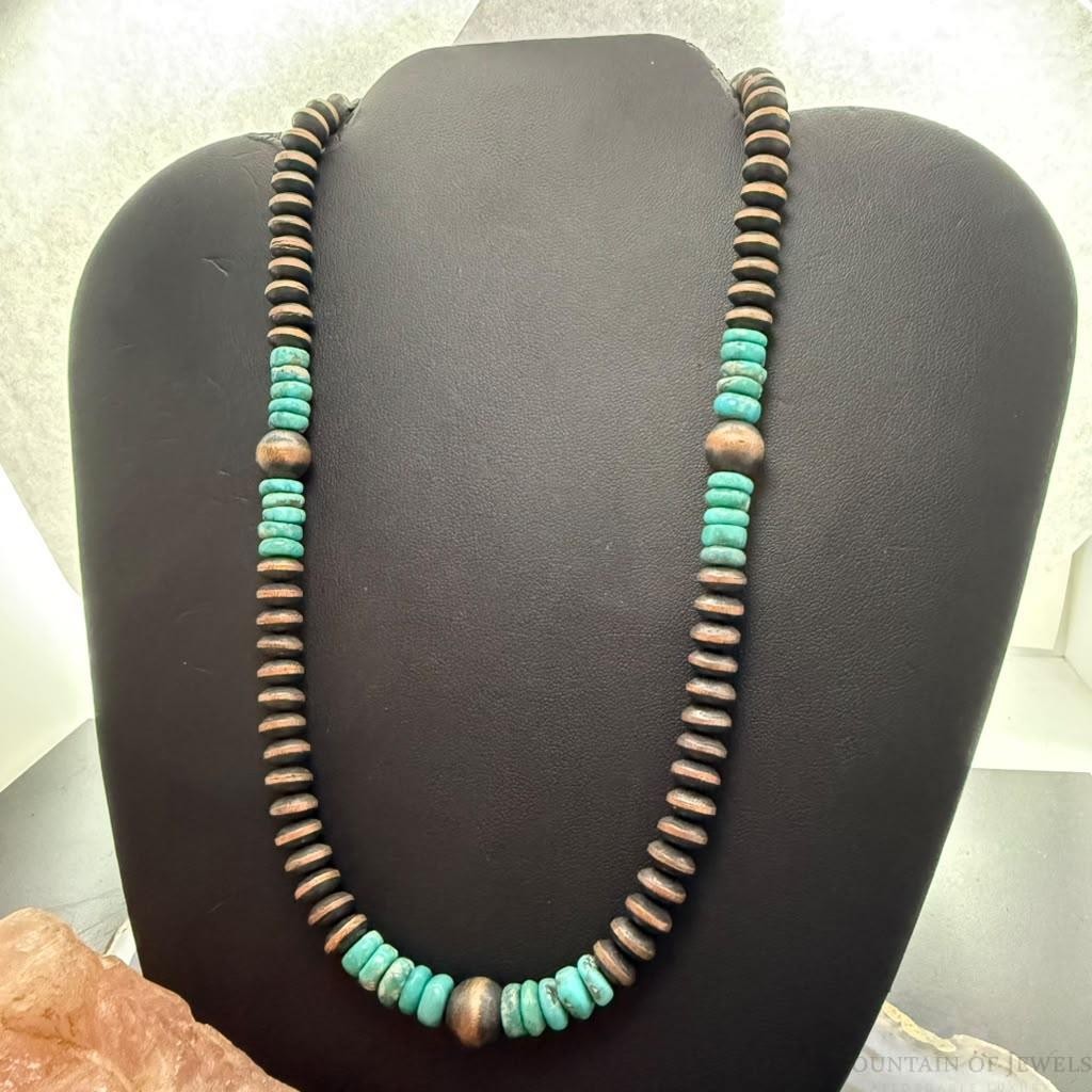 Southwestern Style 8-10mm Copper Navajo Pearl Round,Saucer & Turquoise Necklace For Women