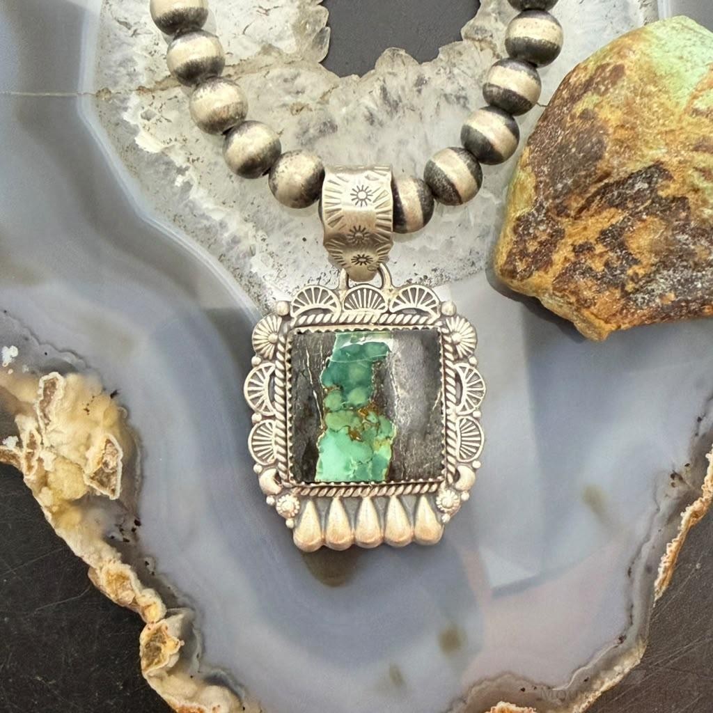 Sterling Silver Southwestern Style Rectangle Blackjack Turquoise Decorated Pendant #1