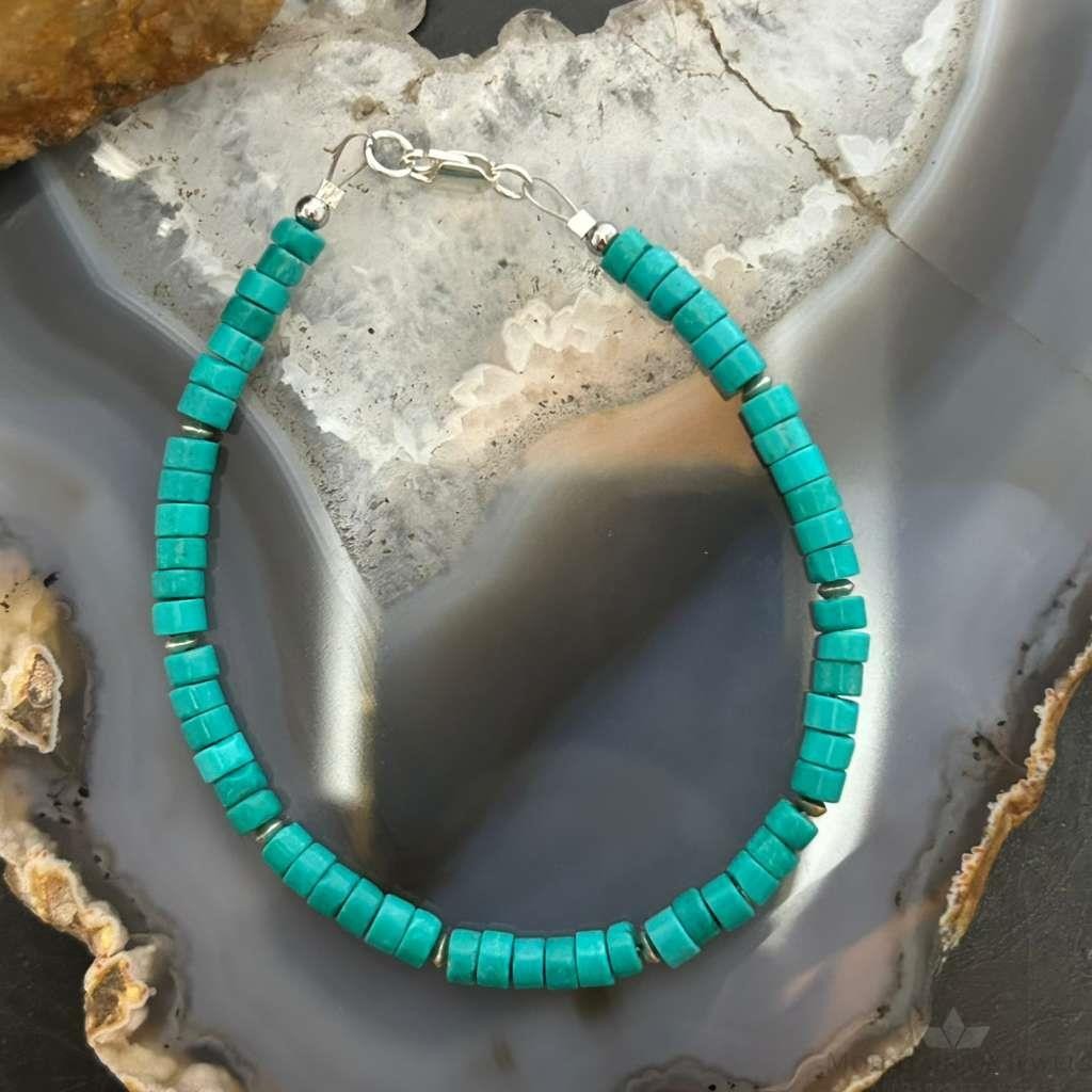 Sterling Silver Turquoise Disk Beads w/Silver Beads 7.5" Bracelet For Women