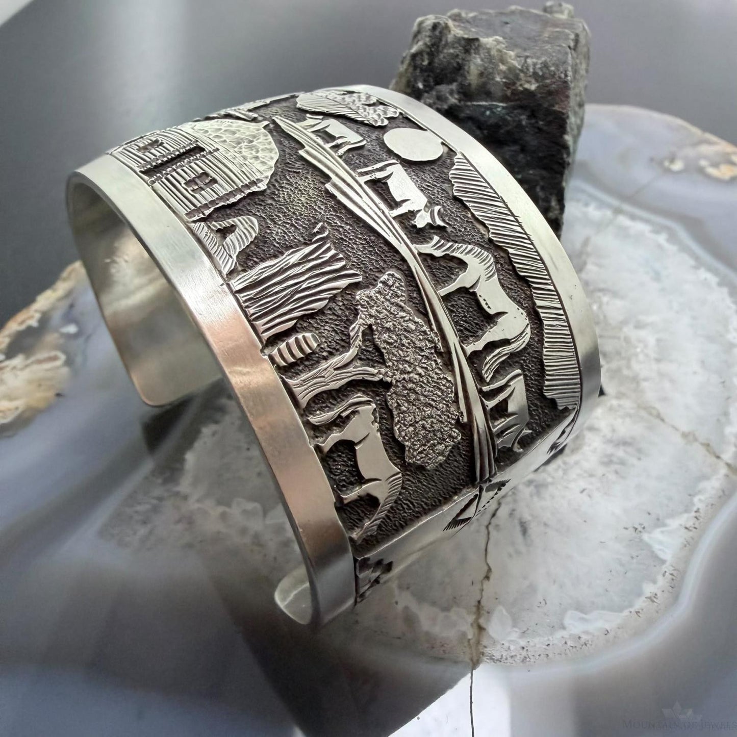 Alex Becenti Native American Sterling Silver Village Life Storyteller Wide Unisex Cuff Bracelet