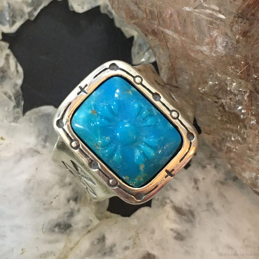 Carolyn Pollack Sterling Silver Rectangle Carved Turquoise Decorated Ring For Women