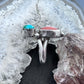 Vintage Signed Native American Silver Coral & Turquoise Leaves Decorated Ring For Women