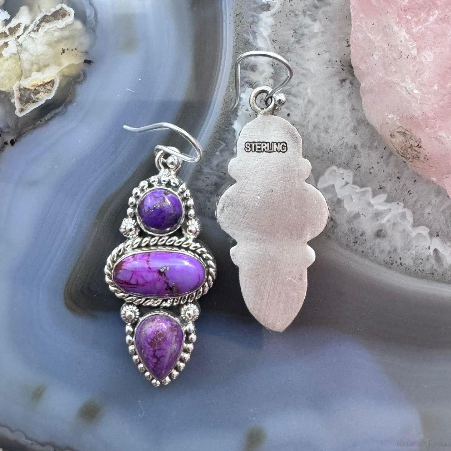 Sterling Silver Southwestern Style 3 Purple Dahlia Decorated Dangle Earrings For Women