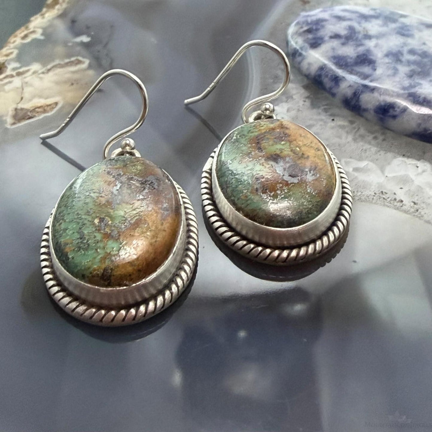Sterling Silver Southwestern Style Oval Royston Turquoise Dangle Earrings For Women