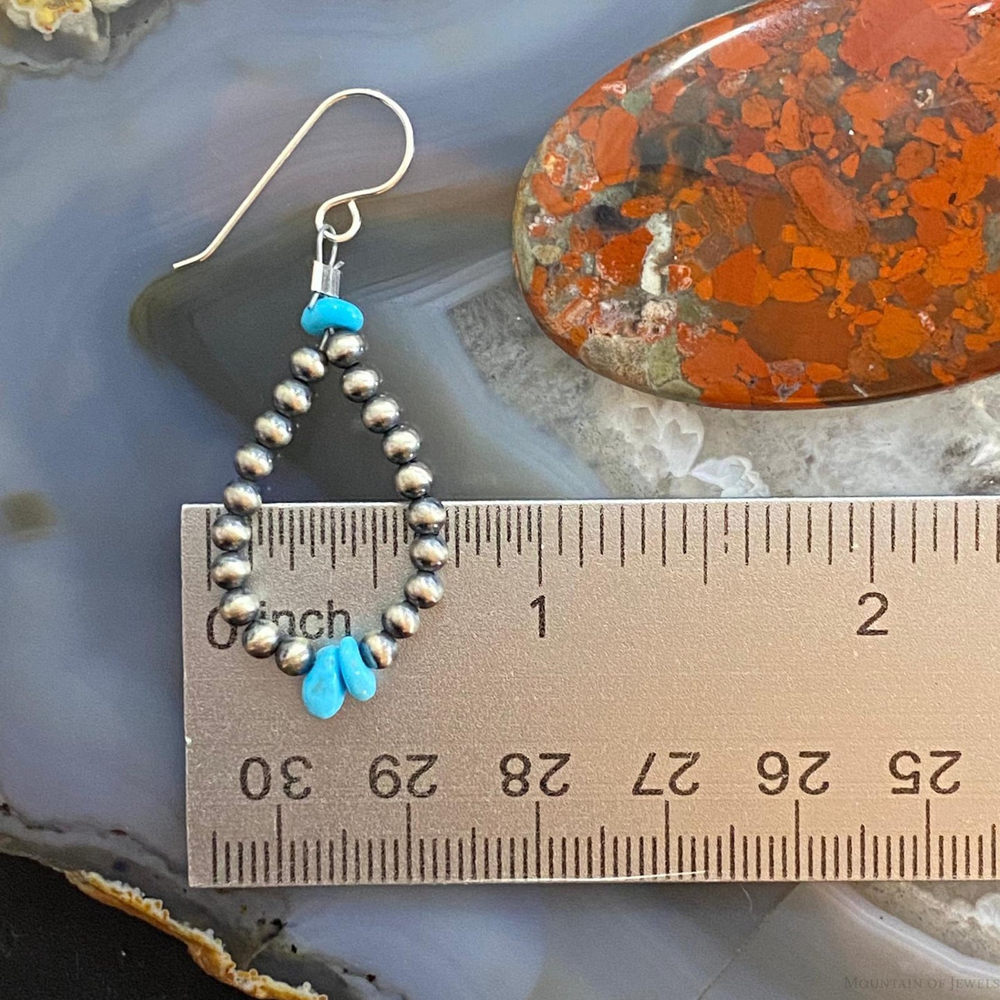Navajo Pearl Beads 3mm & Turquoise Sterling Silver Teardrop Hoop Earrings