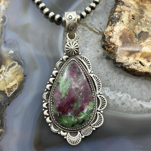 Sterling Silver Southwestern Style Teardrop Ruby Zoisite Decorated Pendant For Women