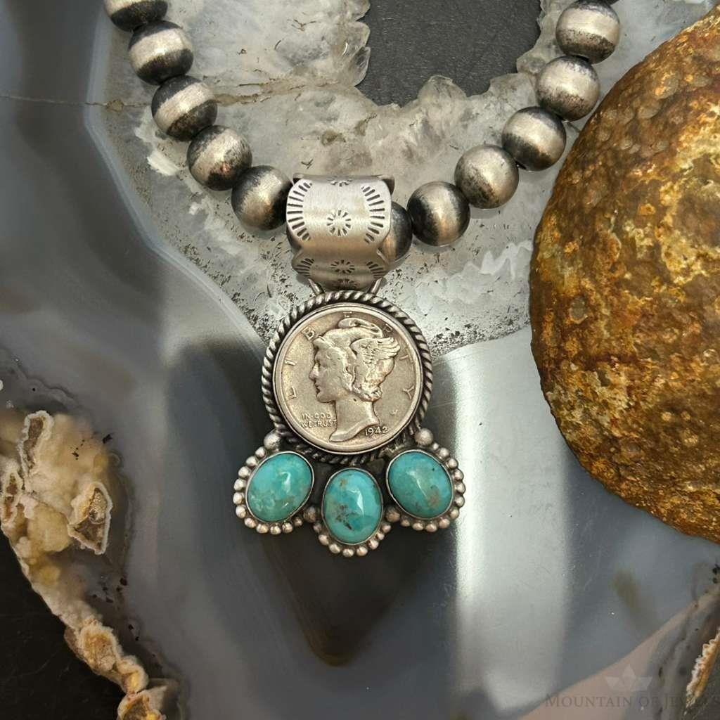 Genuine 1942 90% Silver Mercury Dime Coin Mohave Turquoise Unisex Pendant