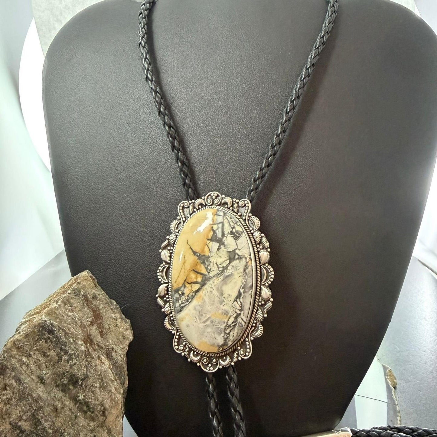 Sterling Silver Southwestern Style Oval Large Maligano Jasper Bolo Tie For Men