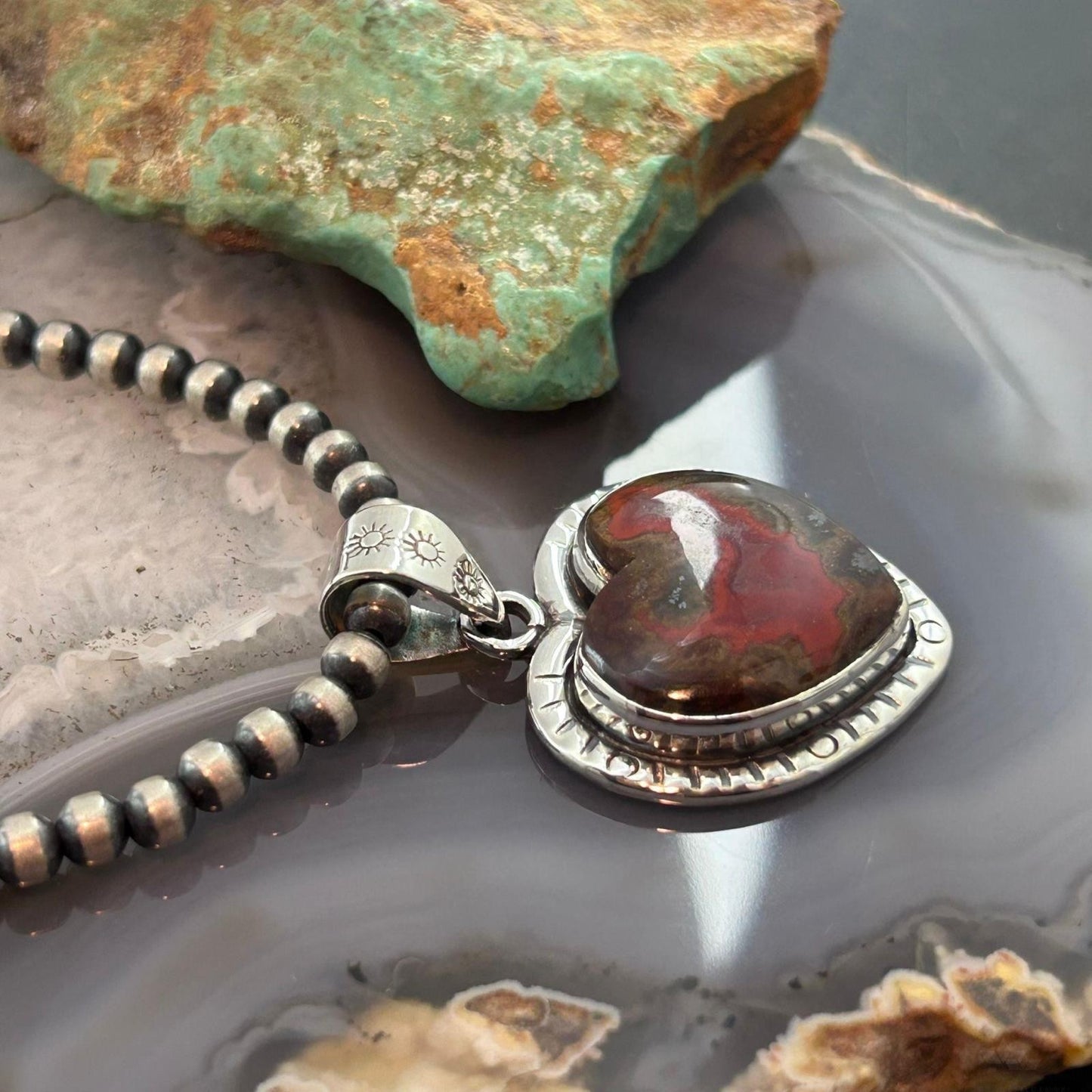 Sterling Silver Southwestern Style Seam Agate Heart Decorated Pendant For Women