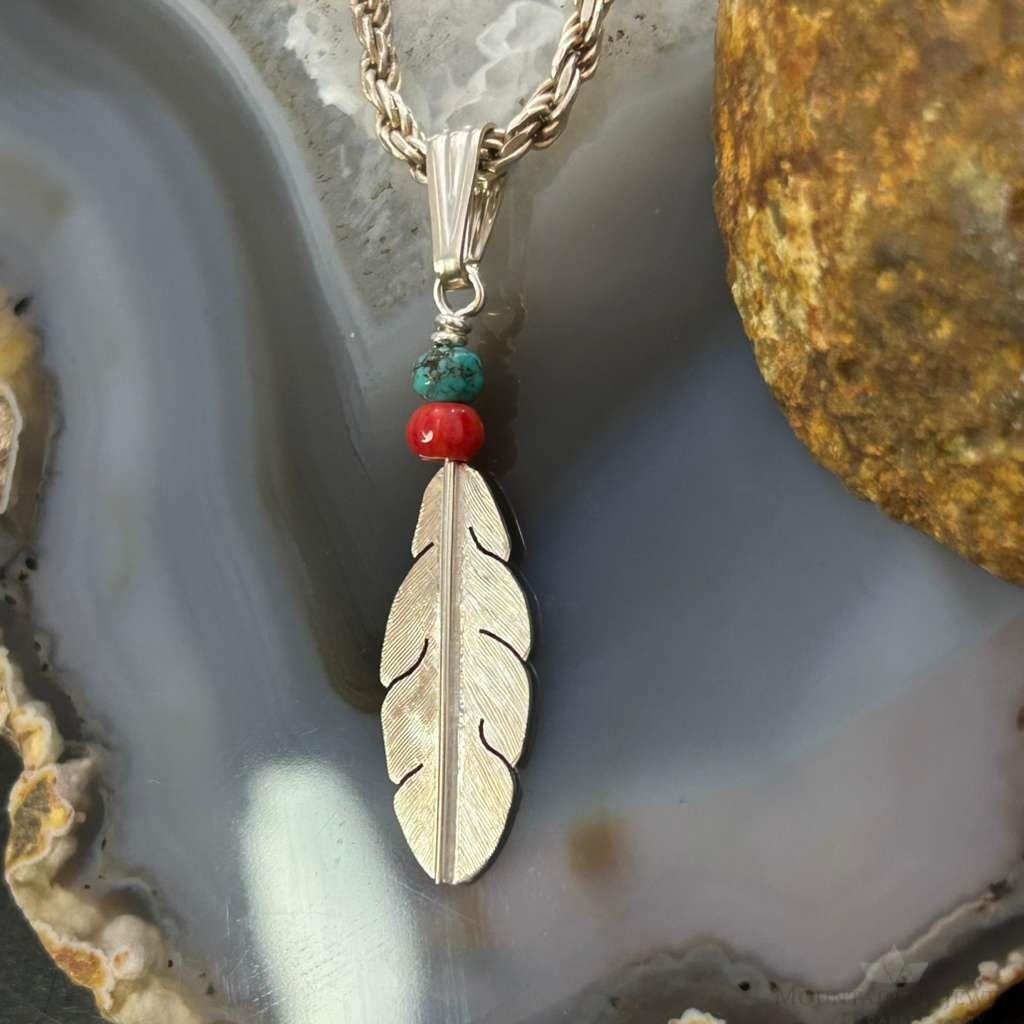 Anthony Gatewood Sterling Silver Turquoise & Coral Beads Feather Pendant For Women
