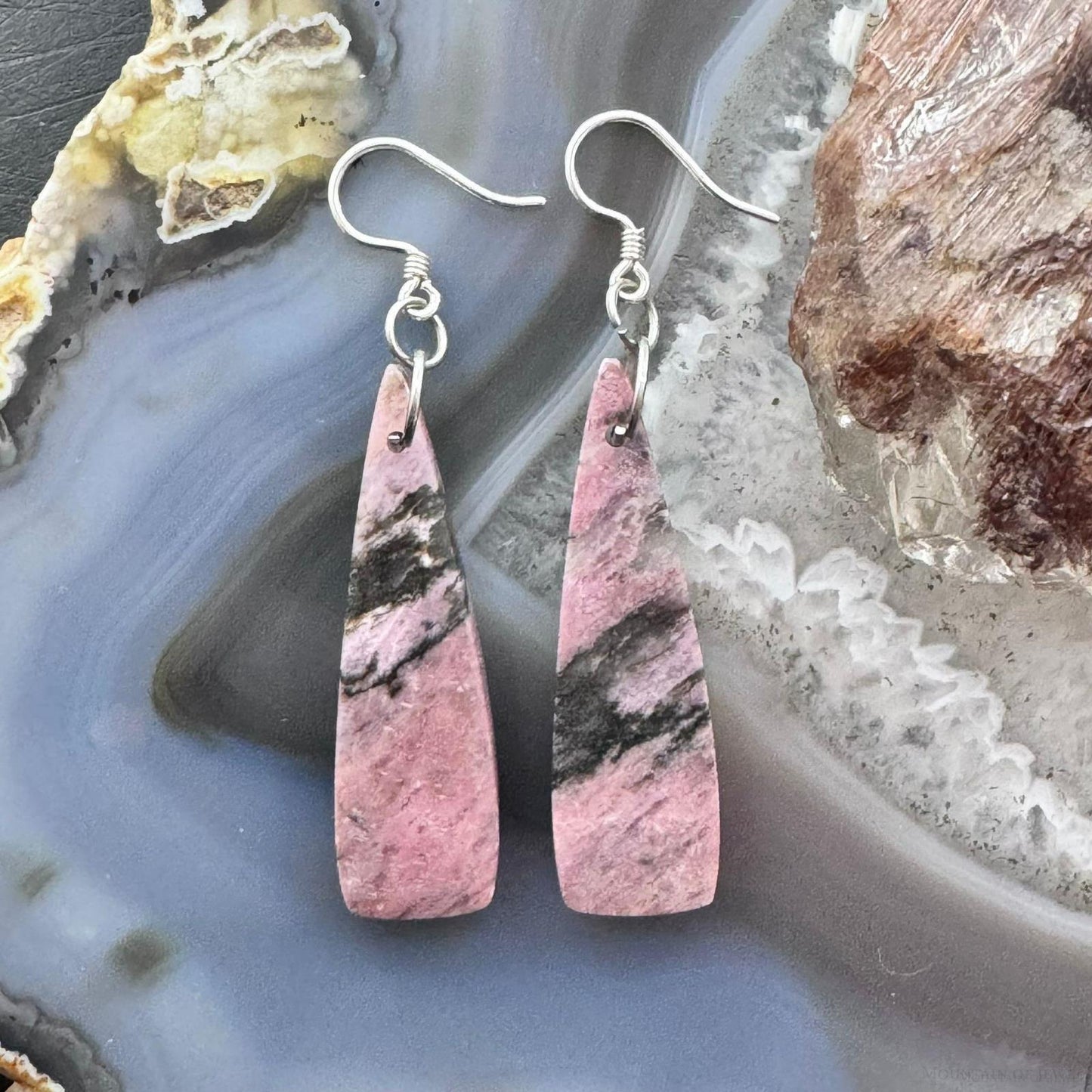 Sterling Silver Elongated Triangle Rhodonite Slab Dangle Earrings For Women #241