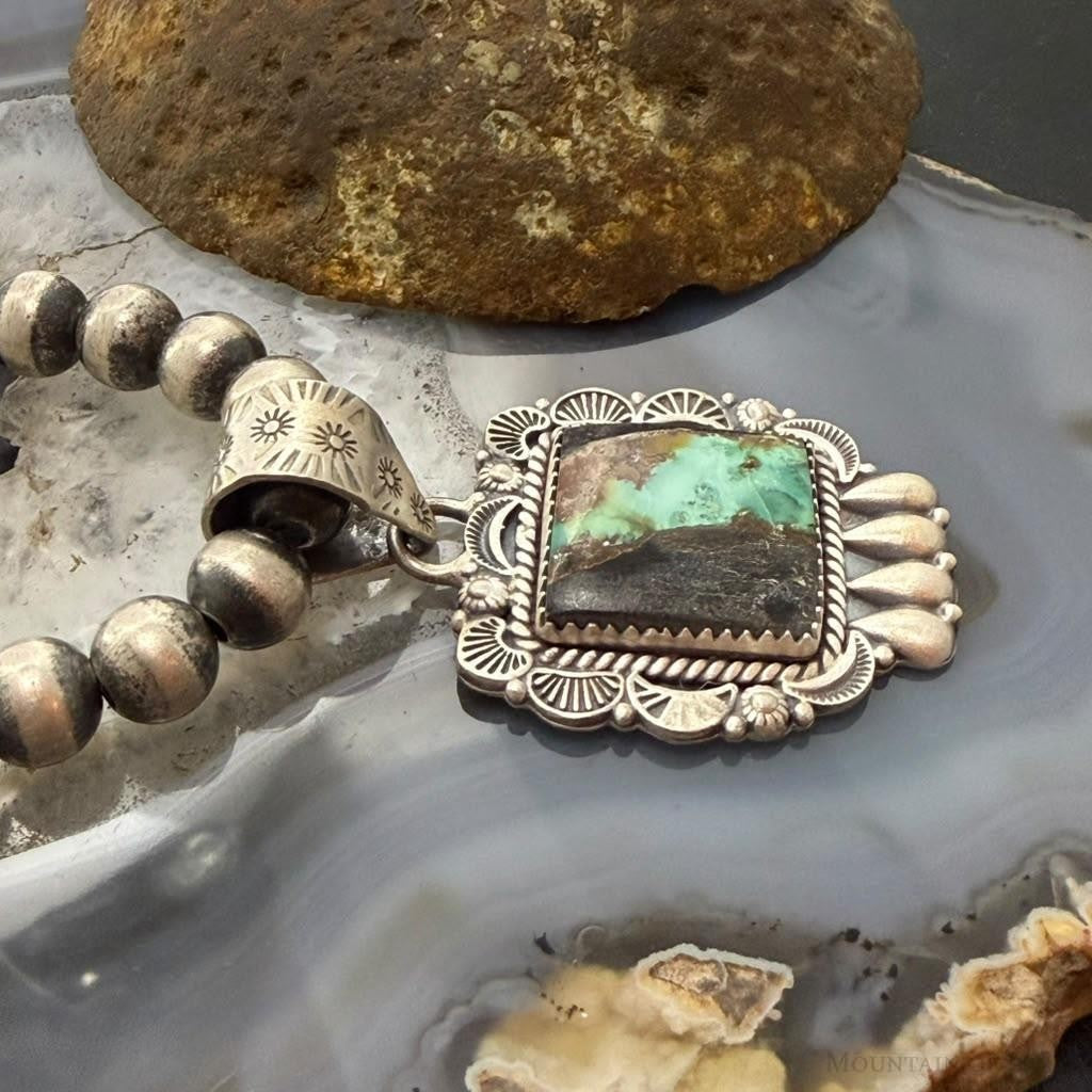 Sterling Silver Southwestern Style Square Blackjack Turquoise Decorated Pendant For Women
