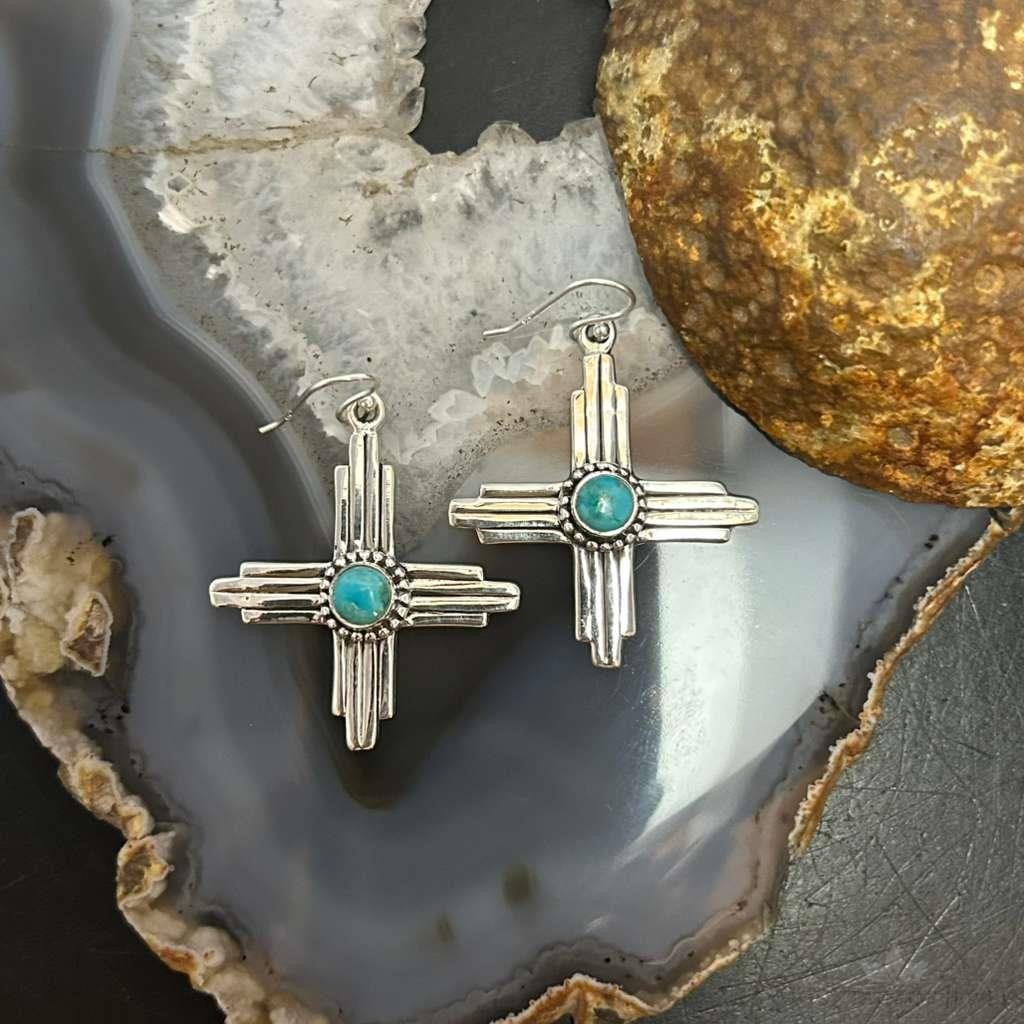 Sterling Silver Southwestern Style Round Mohave Turquoise Zia Dangle Earrings For Women