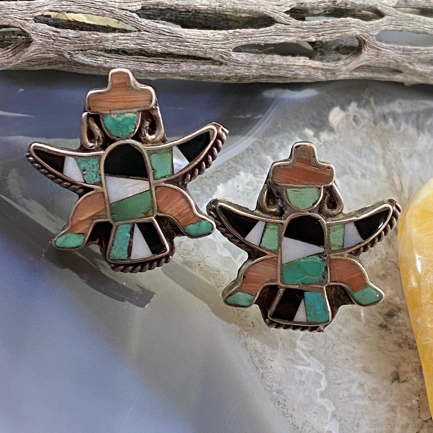 Vintage Native American Silver Zuni Inlay Dancer Screw Back Earrings For Women