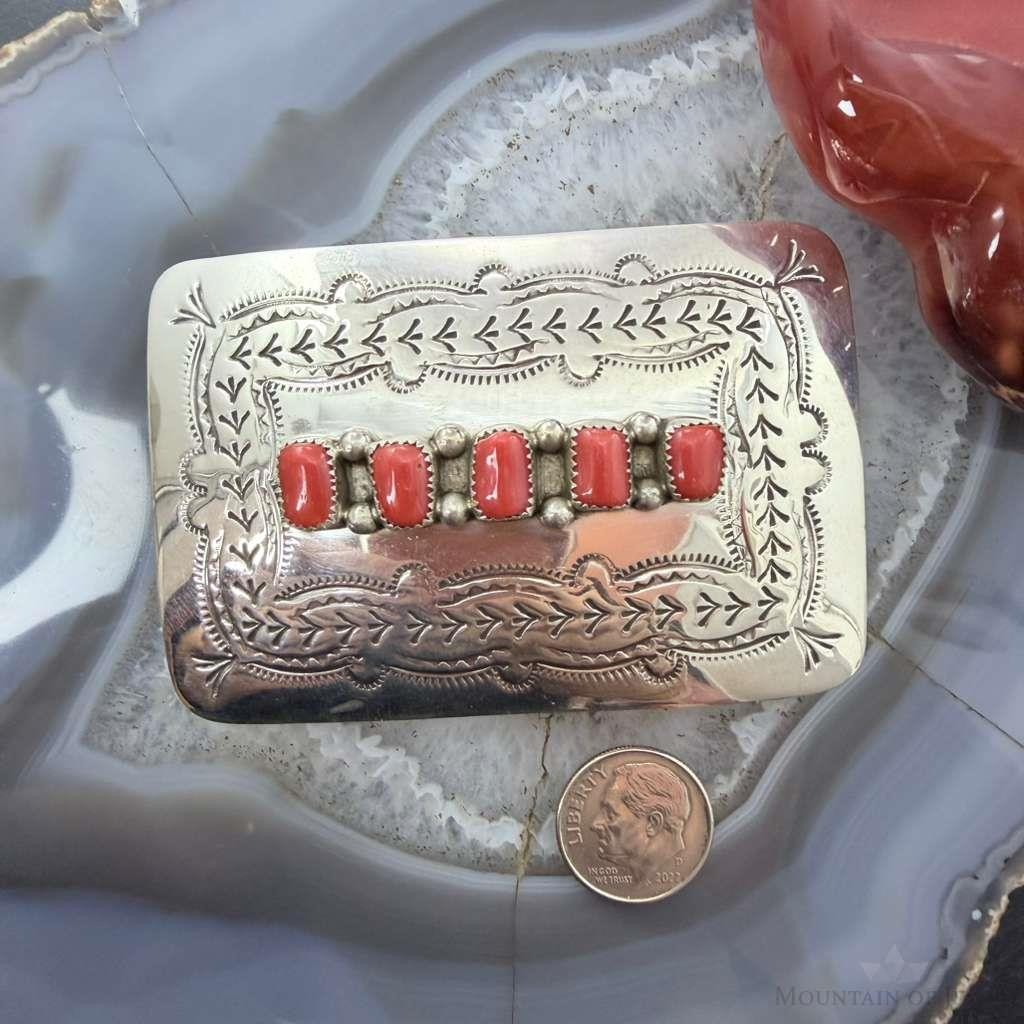 Joann Begay Native American Sterling Silver 5 Coral Stamped Belt Buckle For Men