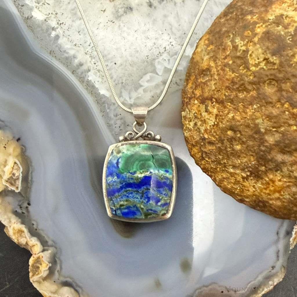 Vintage Sterling Silver square Azurite Malachite Fashion Pendant For Women